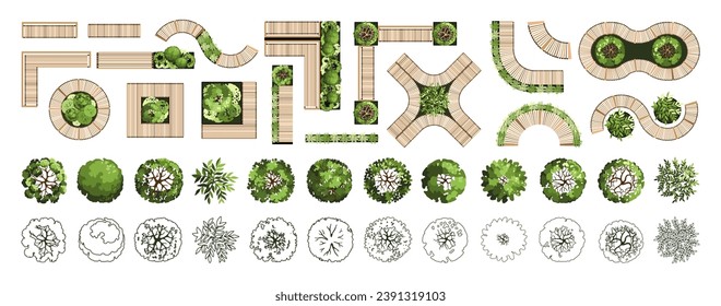 Top view elements for the landscape design plan. Trees and benches for architectural floor plans. Entourage design. Various trees, bushes, and shrubs. Vector illustration.