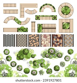 Top view elements for the landscape design plan. Trees and benches for architectural floor plans. Maze garden. Various trees, bushes, and shrubs. Vector illustration.