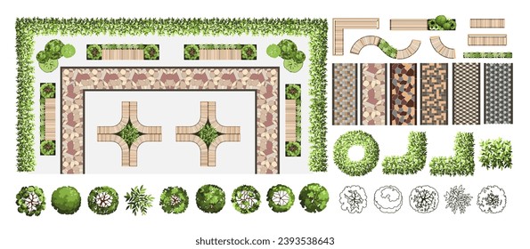 Top view elements for the landscape design plan. Trees, tiles, and benches for architectural floor plans. Maze garden elements. Various trees, bushes, and shrubs. Vector illustration.