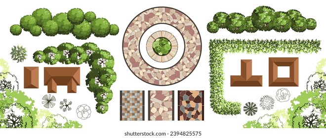 Top view elements for the landscape design plan. Trees, tiles, and roofs for architectural floor plans. Maze garden. Various trees, bushes, and shrubs. Vector illustration.