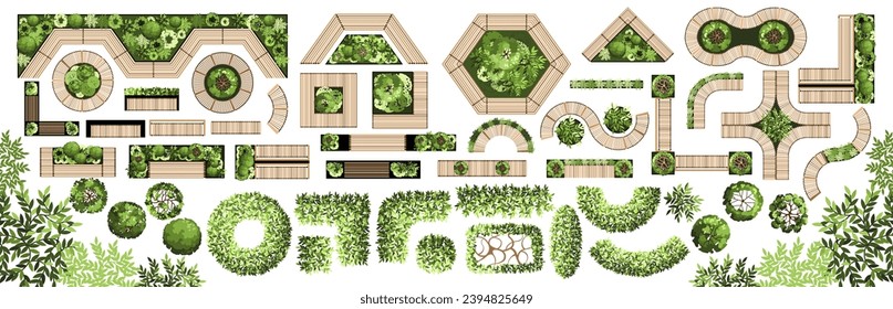 Top view elements for the landscape design plan. Trees and benches for architectural floor plans. Entourage design. Various trees, bushes, and shrubs. Vector illustration.