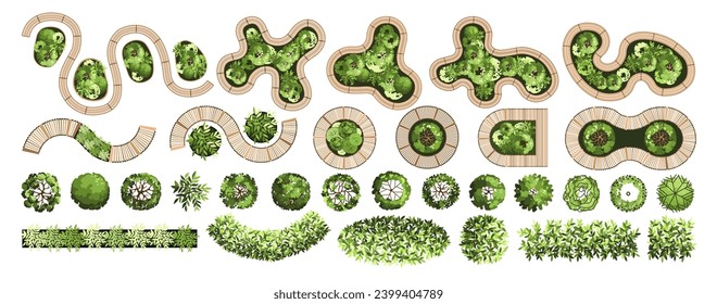 Top view elements for the landscape design plan. Trees and benches for architectural floor plans. Entourage design. Various trees, bushes, and shrubs. Vector illustration.