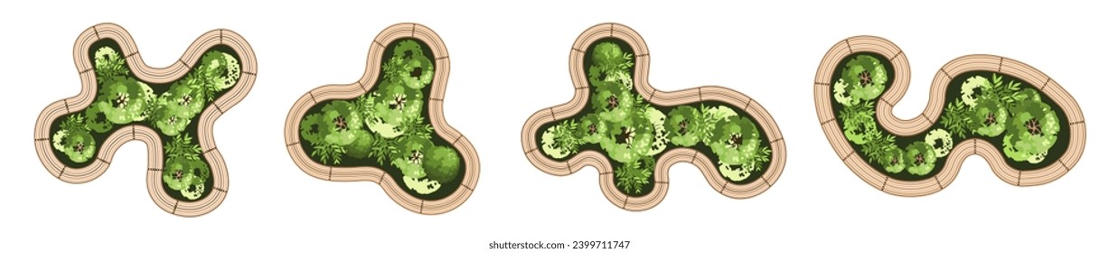 Top view elements for the landscape design plan. Trees and benches for architectural floor plans. Entourage design. Various trees, bushes, and shrubs. Vector illustration.