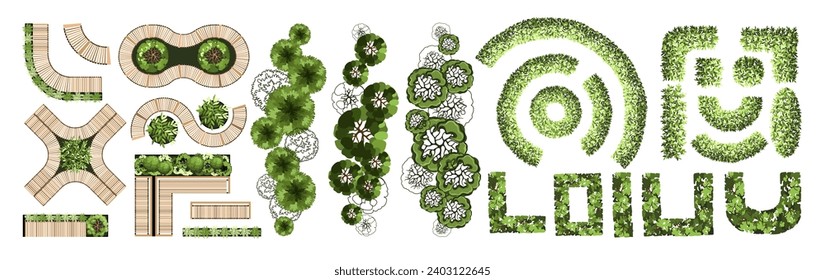 Top view elements for the landscape design plan. Trees and benches for architectural floor plans. Entourage design. Various trees, bushes, and shrubs. Vector illustration.