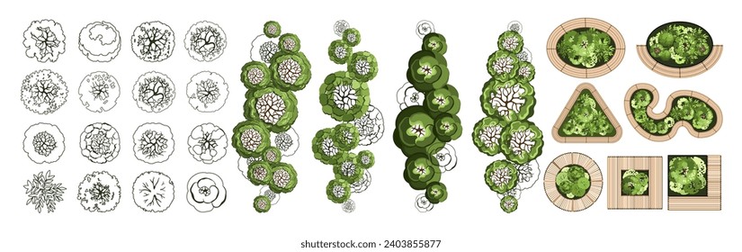 Top view elements for the landscape design plan. Trees and benches for architectural floor plans. Entourage design. Various trees, bushes, and shrubs. Vector illustration.