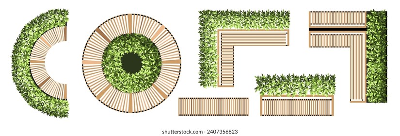 Top view elements for the landscape design plan. Trees and benches for architectural floor plans. Entourage design. Various trees, bushes, and shrubs. Vector illustration.
