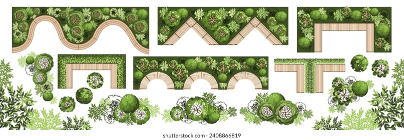 Top view elements for the landscape design plan. Trees and benches for architectural floor plans. Entourage design. Various trees, bushes, and shrubs. Vector illustration.