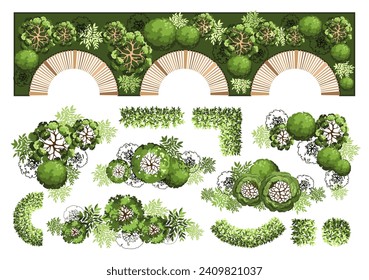 Top view elements for the landscape design plan. Trees and benches for architectural floor plans. Entourage design. Various trees, bushes, and shrubs. Vector illustration.