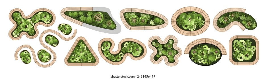 Top view elements for the landscape design plan. Benches with trees for architectural floor plans. Entourage design. Vector illustration.