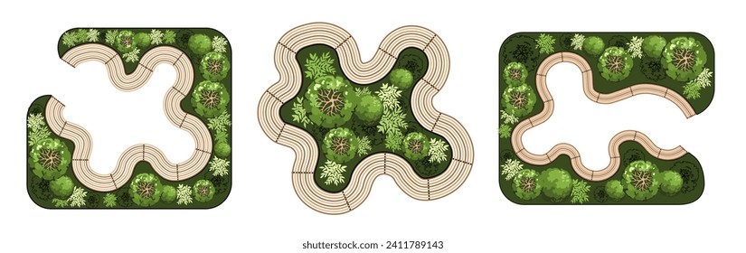 Top view elements for the landscape design plan. Benches with trees for architectural floor plans. Entourage design. Vector illustration.