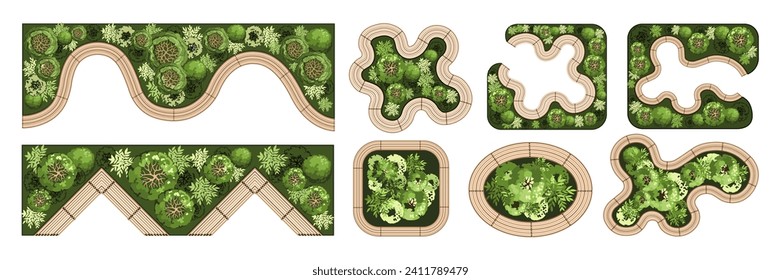 Top view elements for the landscape design plan. Benches with trees for architectural floor plans. Entourage design. Vector illustration.