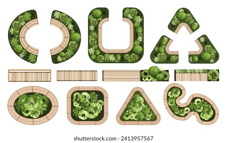 Top view elements for the landscape design plan. Trees and benches for architectural floor plans. Entourage design. Various trees, bushes, and shrubs. Vector illustration.