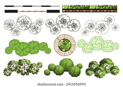 Top view elements for the landscape design plan. Trees and fences for architectural floor plans. Maze garden. Various trees, bushes, and shrubs. Vector illustration.