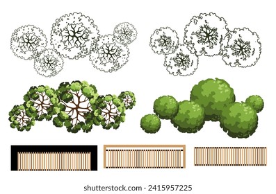 Top view elements for the landscape design plan. Trees and benches for architectural floor plans. Maze garden. Various trees, bushes, and shrubs. Vector illustration.