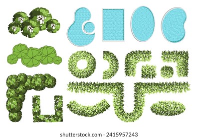 Top view elements for the landscape design plan. Trees and pools for architectural floor plans. Maze garden. Various trees, bushes, and shrubs. Vector illustration.