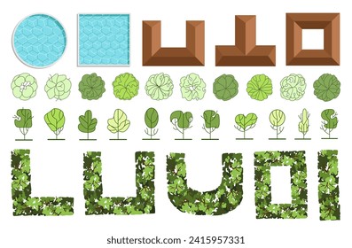 Top view elements for the landscape design plan. Trees, pools, and roofs for architectural floor plans. Maze garden. Various trees, bushes, and shrubs. Vector illustration.