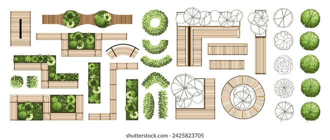 Top view elements for the landscape design plan. Trees and benches for architectural floor plans. Entourage design. Various trees, bushes, and shrubs. Vector illustration.