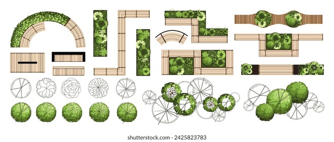 Top view elements for the landscape design plan. Trees and benches for architectural floor plans. Entourage design. Various trees, bushes, and shrubs. Vector illustration.