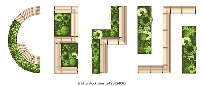 Top view elements for the landscape design plan. Trees and benches for architectural floor plans. Entourage design. Various trees, bushes, and shrubs. Vector illustration.