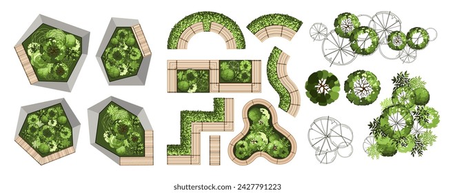 Top view elements for the landscape design plan. Trees and benches for architectural floor plans. Entourage design. Various trees, bushes, and shrubs. Vector illustration.