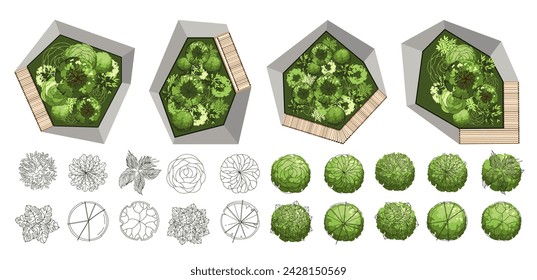 Top view elements for the landscape design plan. Trees and benches for architectural floor plans. Entourage design. Various trees, bushes, and shrubs. Vector illustration.