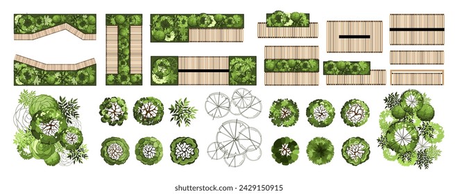 Elementos de vista superior para el plan de diseño de paisaje. Árboles y bancos para planos arquitectónicos. Diseño de séquito. Varios árboles, arbustos y arbustos. Ilustración vectorial.