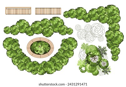 Top view elements for the landscape design plan. Trees and benches for architectural floor plans. Entourage design. Various trees, bushes, and shrubs. Vector illustration.