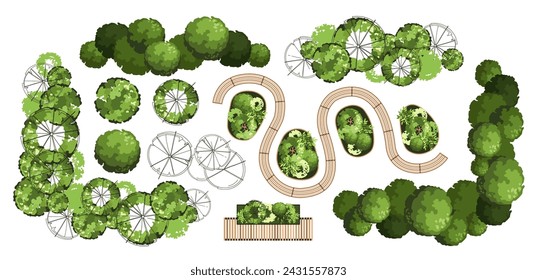 Top view elements for the landscape design plan. Trees and benches for architectural floor plans. Entourage design. Various trees, bushes, and shrubs. Vector illustration.