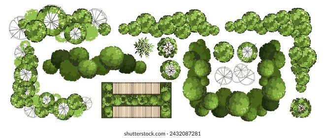 Elementos de vista superior para el plan de diseño de paisaje. Árboles y bancos para planos arquitectónicos. Diseño de séquito. Varios árboles, arbustos y arbustos. Ilustración vectorial.