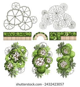 Top view elements for the landscape design plan. Trees and benches for architectural floor plans. Entourage design. Various trees, bushes, and shrubs. Vector illustration.