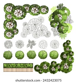 Top view elements for the landscape design plan. Trees and benches for architectural floor plans. Entourage design. Various trees, bushes, and shrubs. Vector illustration.