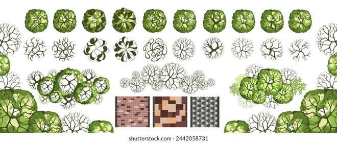 Top view elements for the landscape design plan. Trees and benches for architectural floor plans. Maze garden. Various trees, bushes, and shrubs. Vector illustration.