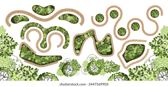 Elementos de vista superior para el Plan de diseño paisajístico. Árboles y bancos para Planes de suelo arquitectónico. Diseño de séquito. Varios árboles, arbustos y arbustos. Ilustración vectorial.