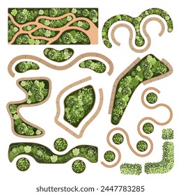 Top view elements for the landscape design plan. Trees and benches for architectural floor plans. Entourage design. Various trees, bushes, and shrubs. Vector illustration.