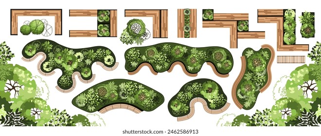 Top view elements for the landscape design plan. Trees and benches for architectural floor plans. Entourage design. Various trees, bushes, and shrubs. Vector illustration.