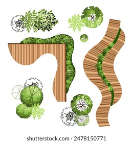 Top view elements for the landscape design plan. Trees and benches for architectural floor plans. Entourage design. Various trees, bushes, and shrubs. Vector illustration.
