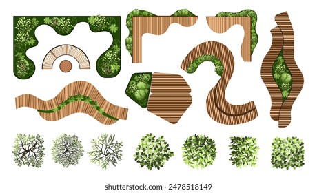 Top view elements for the landscape design plan. Trees and benches for architectural floor plans. Entourage design. Various trees, bushes, and shrubs. Vector illustration.