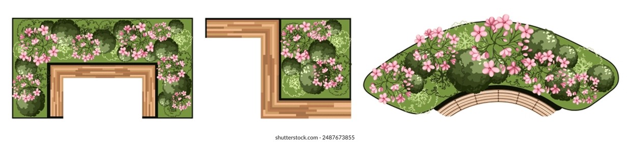 Elementos de vista superior para el Plan de diseño paisajístico. Árboles y banco para Planes de suelo arquitectónico. Diseño de séquito. Varios árboles florales, arbustos y arbustos. Ilustración vectorial.