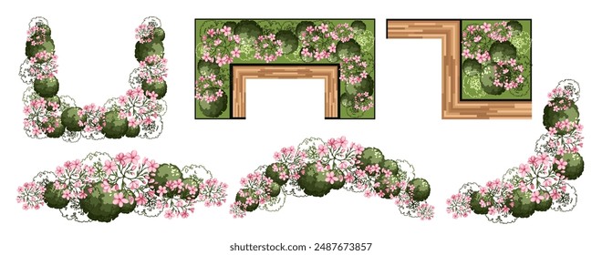 Top view elements for the landscape design plan. Trees and bench for architectural floor plans. Entourage design. Various floral trees, bushes, and shrubs. Vector illustration.