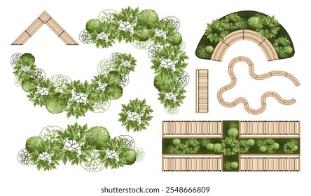 Elementos da vista superior para o plano de projeto de paisagem. Árvores e bancos para plantas baixas arquitetônicas. Design de comitiva. Várias árvores, arbustos e arbustos. Ilustração vetorial.