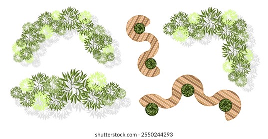 Elementos da vista superior para o plano de projeto de paisagem. Árvores e bancos para plantas baixas arquitetônicas. Design de comitiva. Várias árvores, arbustos e arbustos. Ilustração vetorial.