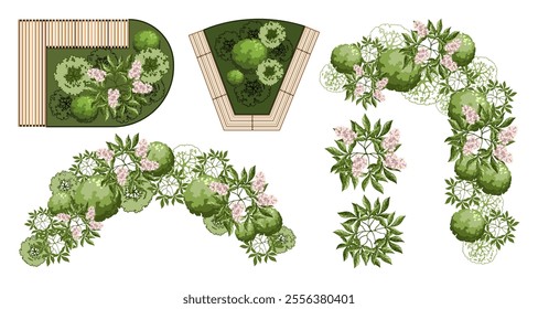 Top view elements for the landscape design plan. Trees and benches for architectural floor plans. Entourage design. Various trees, bushes, and shrubs. Vector illustration.