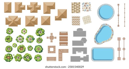 Top View elements for master plans. Trees, furniture, houses, pools, bushes, and tiles. For the architectural plan. Vector illustration.