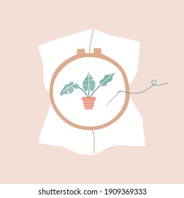 Top view of a embroider a flower, sewing needles, creative workshop, art craft lesson education. Hand drawn vector illustration in flat cartoon style, isolated on yellow background.