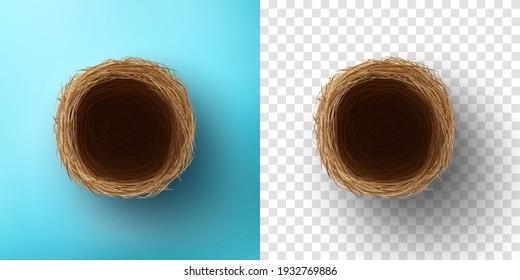 Top view of Empty Bird nest on blue and transparent background.Vector and template of Nest for Easter Day in flat lay styling.Vector illustration eps 10