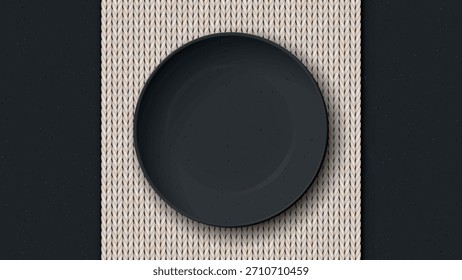 Vista superior del cuenco negro vacío con textura granulada colocada en un mantel beige sobre una ilustración gráfica de fondo de contador de cemento negro.