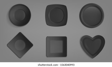 Top view of empty black different shapes bowls. Realistic vector mockup of square, round, heart shape and rhumb plates. Set of porcelain crockery isolated on gray background