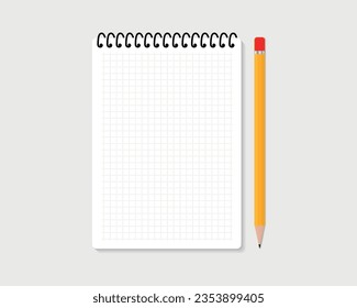 Top view of empty blank blank checkered notebook with pencil on stylish gray or white background. notebook on desk. isolated notebook with pencil on desktop. vector illustration