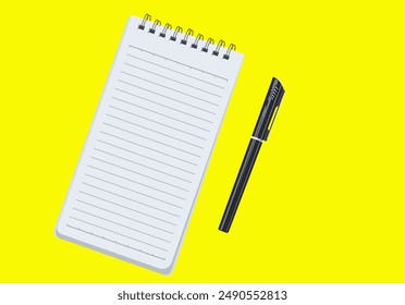 top view of empty blank notebook. note pad paper sheet on desk. isolated notepad with pencil and pen on workdesk. vector illustration