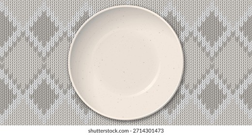 Vista superior del color beige del tazón vacío con textura granulada colocada en la ilustración gráfica de fondo transparente de diamante de mantel blanco y gris.